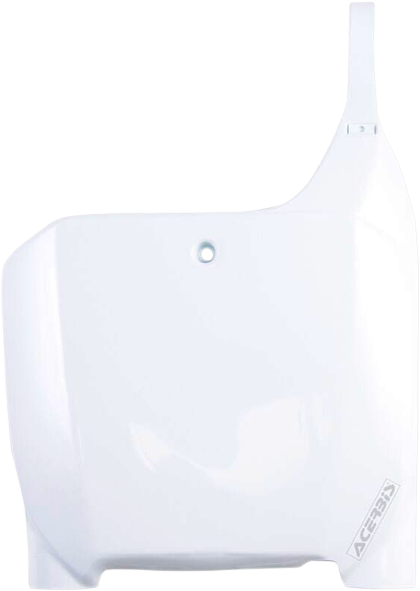 A white Acerbis front number plate for motorcycles, designed for body mounting, with product code 2042240002.