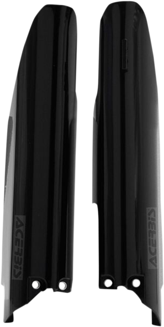 Acerbis black lower fork covers for motorcycle front suspension, designed to protect and enhance the bike's body components.