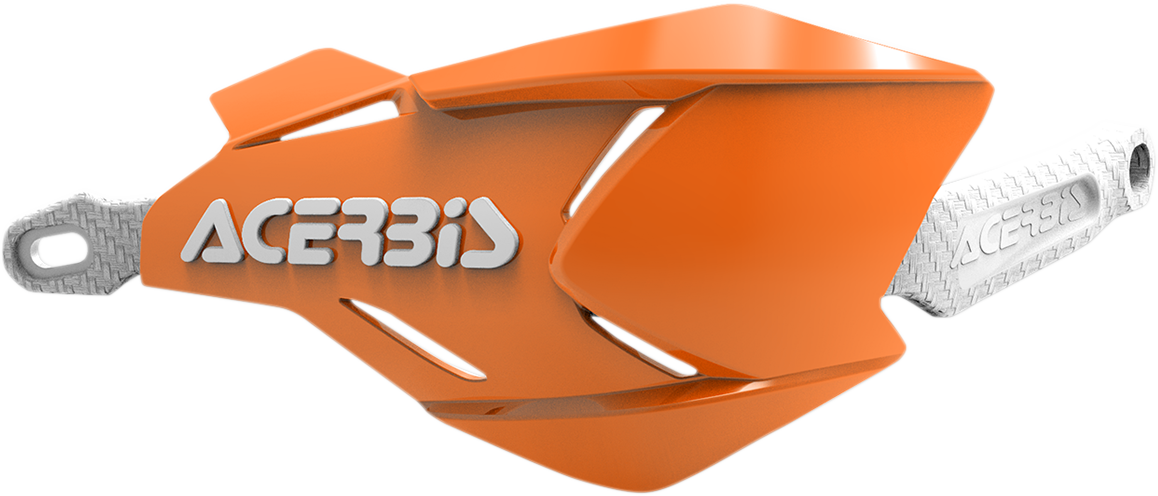 Acerbis X-Factory handguards in orange and white attached to motorcycle handlebars, designed for protection and style.