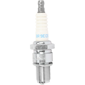 NGK BR9ECS-SLD spark plug showing metal electrode and ceramic insulator for standard OEM engine replacement.