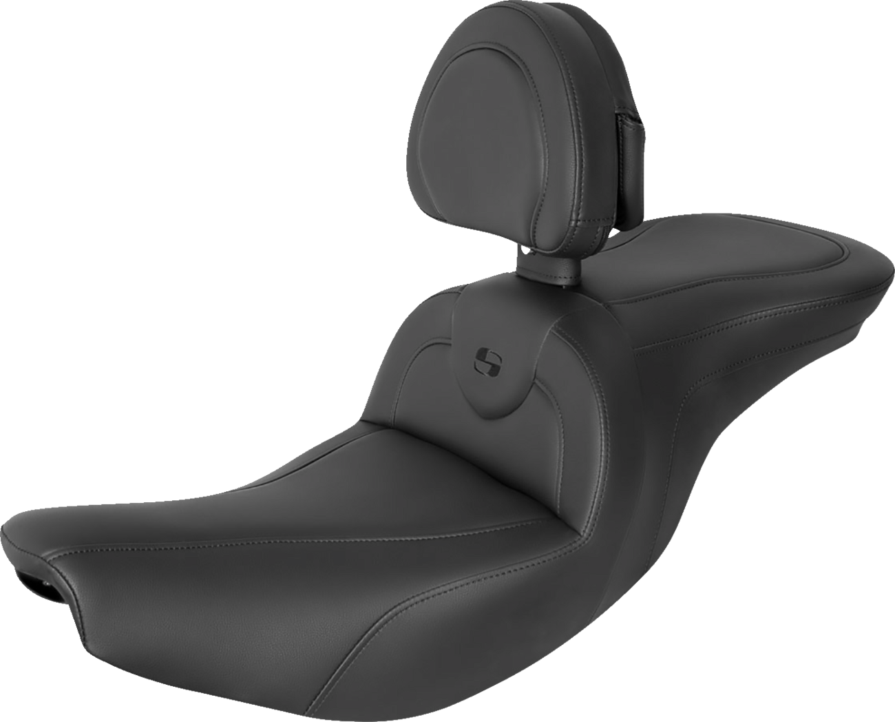 Black SADDLEMEN RoadSofa seat with backrest and black stitching, designed for Indian models 2014-2023, by Bill's Exhausts.