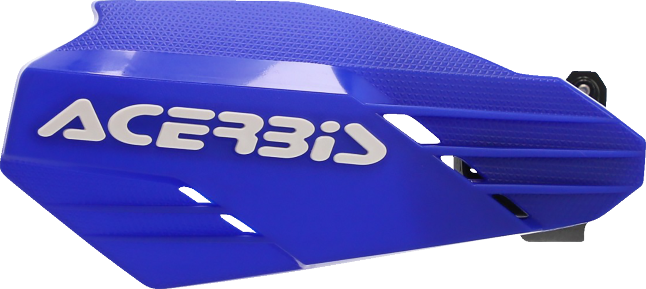 Acerbis K-Linear blue and white motorcycle handguards, mounted on handlebars, providing protection and style for riders.