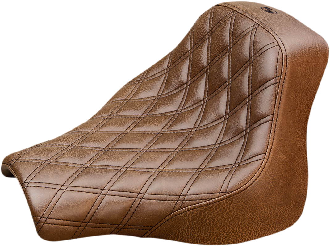 Brown Saddlemens Renegade Solo Seat with lattice stitching, designed for motorcycle comfort and style.