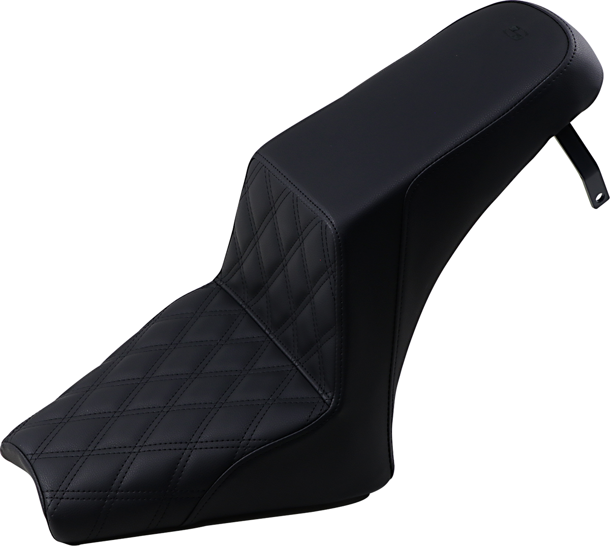 Black Saddlemens Step Up Seat for Scout Bobber, front lattice and rear smooth design, by Bill's Exhausts.