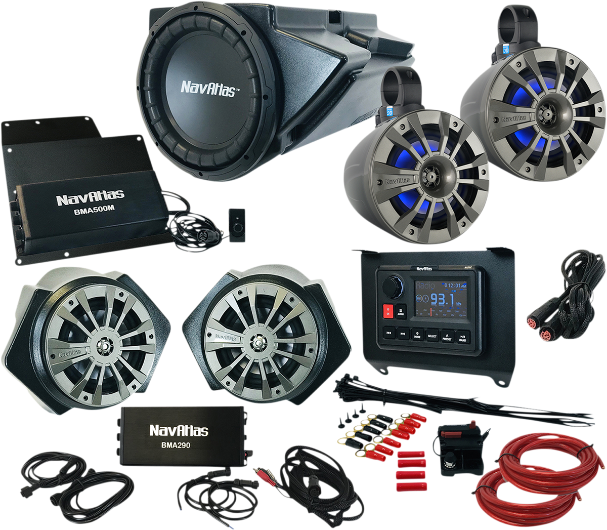 Bill's Exhausts NAVATLAS Zone 4 RZR speaker kit with rugged speakers designed for off-road RZR vehicles.