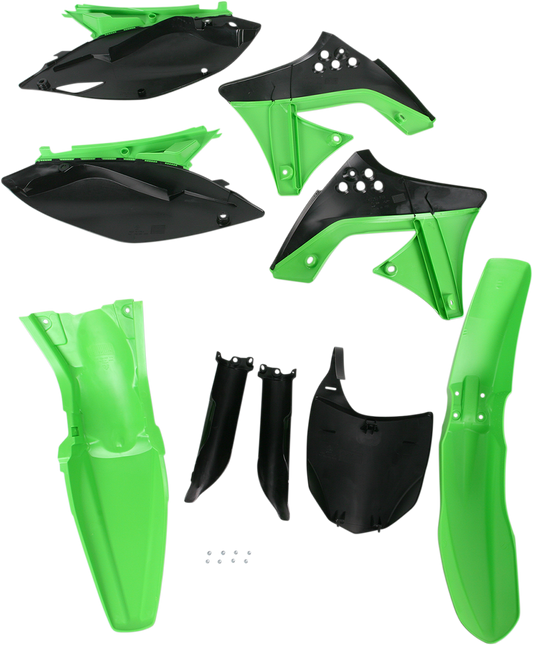 Acerbis OEM green and black full replacement body kit for motorcycle, featuring detailed panels and sleek design.