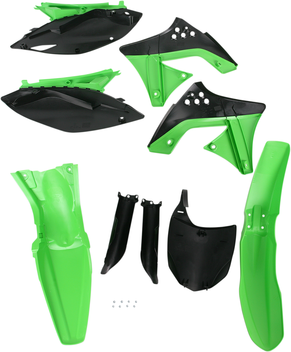 Acerbis OEM green and black full replacement body kit for motorcycle, featuring detailed panels and sleek design.