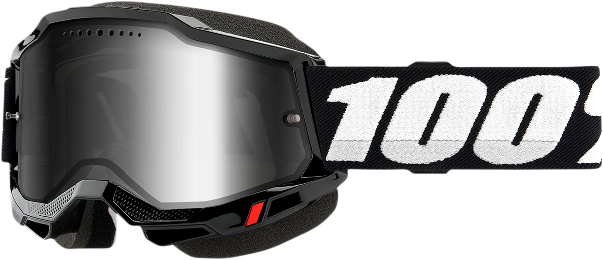 Bill's Exhausts 100% Accuri 2 snow goggles in black with silver mirror lenses, featuring a sleek design and adjustable strap.