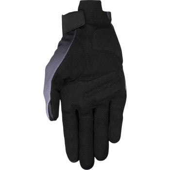 Alpinestars Reef V2 motorcycle gloves in mid gray, black, and white with padded knuckles and adjustable wrist strap.