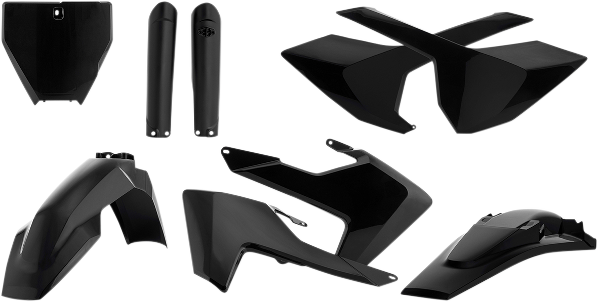 A black ACERBIS full replacement body kit for motorcycles, designed for seamless fit and aerodynamic appearance.