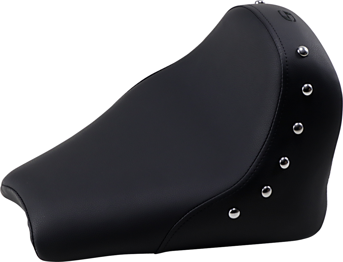 Studded SADDLEMEN Solo Seat for Indian motorcycles, featuring a sleek design and durable construction, displayed on a black background.