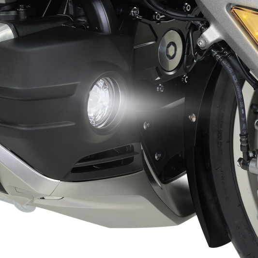 Bill's Exhausts Show Chrome fog lights for Honda GL1800 motorcycle, lower engine-mounted fog lights with chrome finish.