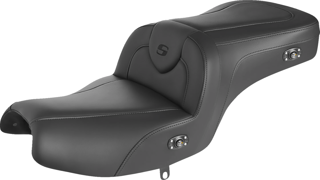 Black Saddlemens RoadSofa heated motorcycle seat with black stitching for Challenger models 2020-2022, no backrest, sleek design.