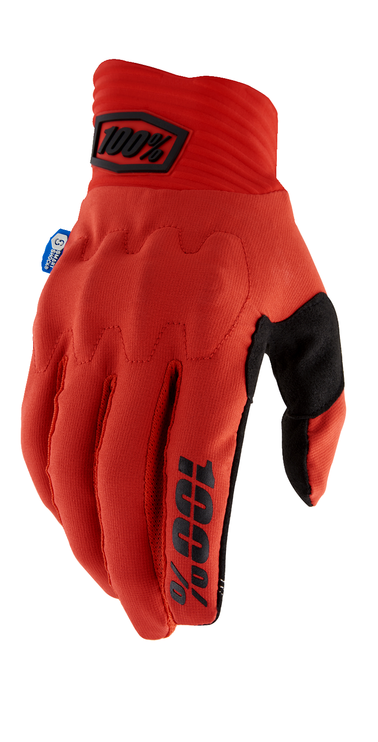 Red 100% Cognito Smart Shock Gloves in XL size, designed for protection and comfort, featuring textured grip and adjustable wrist closure.