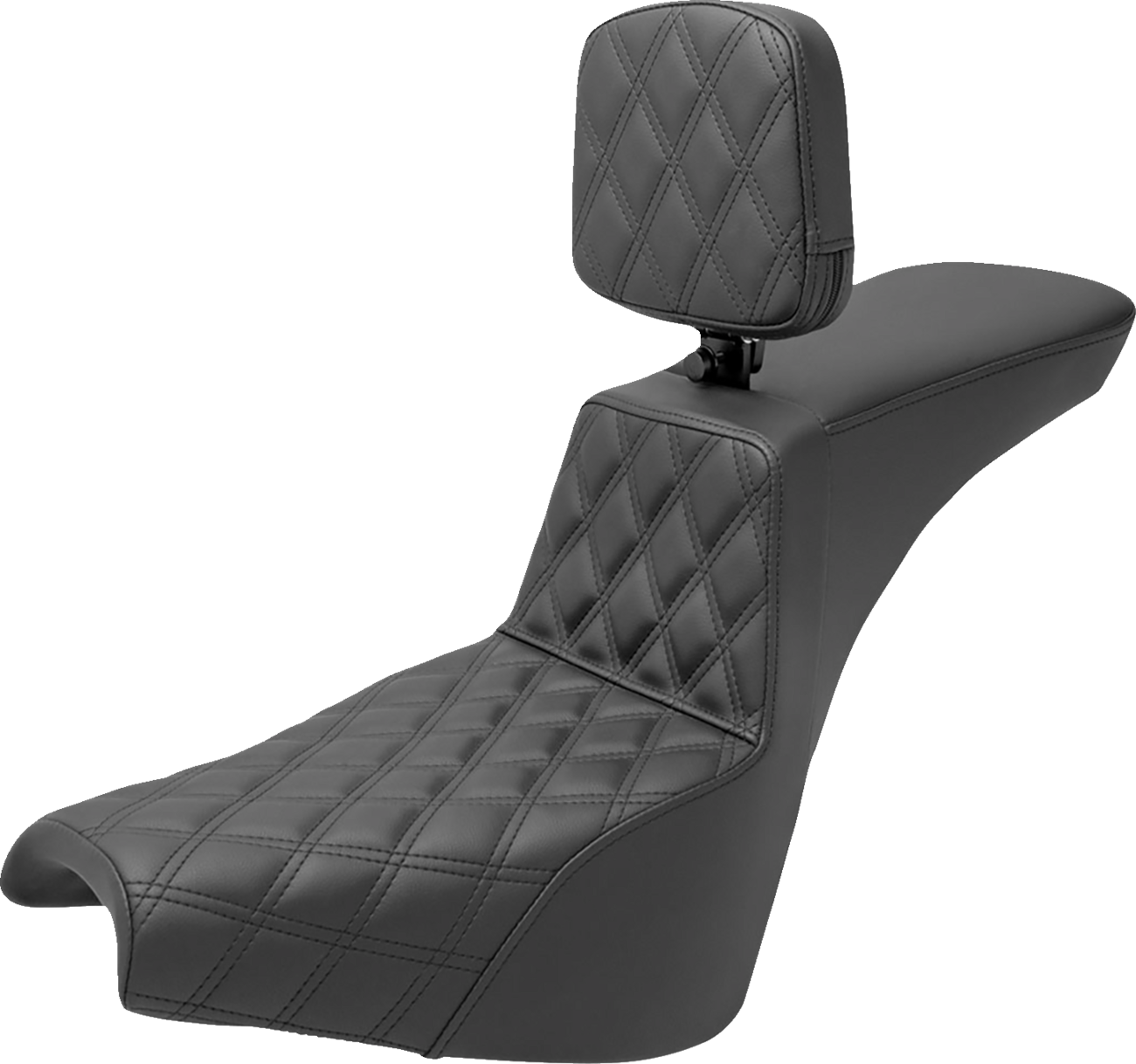 SADDLEMEN Tour Step Up seat with rider backrest and front lattice stitch for Harley FXBB/FXST 2018-2022, shown from angle.