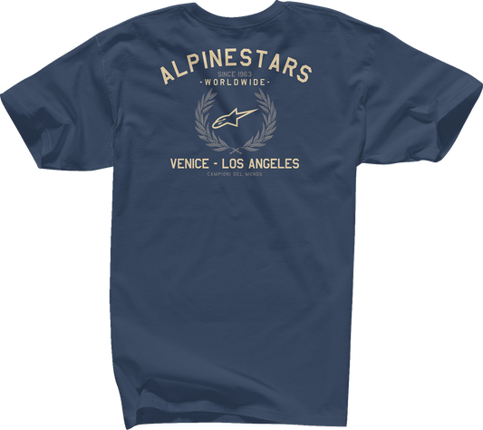 Bill's Exhausts ALPINESTARS navy wreath T-Shirt, large size, soft fabric, front design with alpine star logo and wreath graphic.