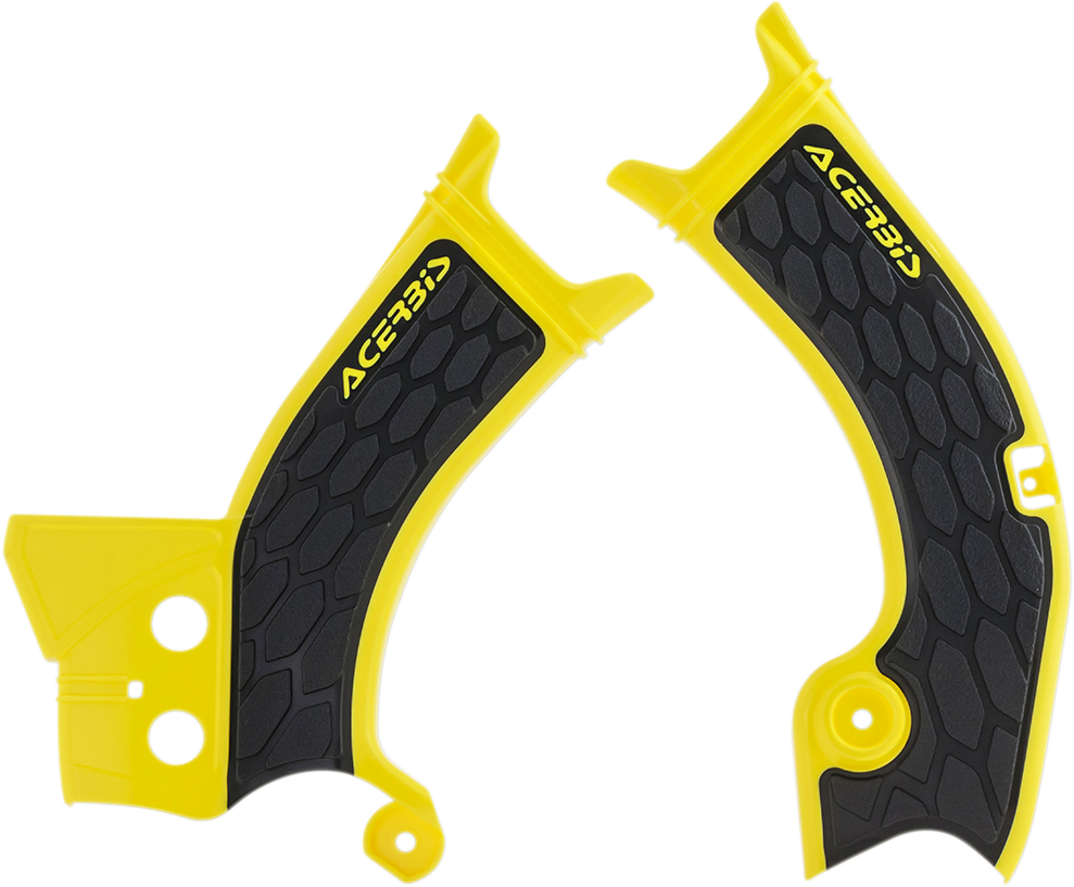 ACERBIS X-Grip Frame Guards in yellow and black, designed for motorcycle body protection, with visible textured surface and mounting points.