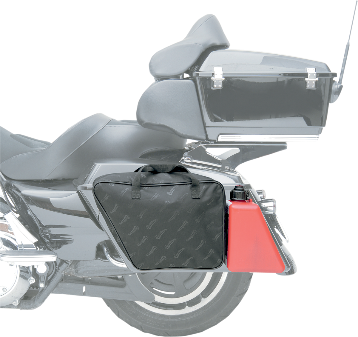 Bill's Exhausts Saddlemens saddlebag liner for seats, shown in the image with fabric and zipper details.