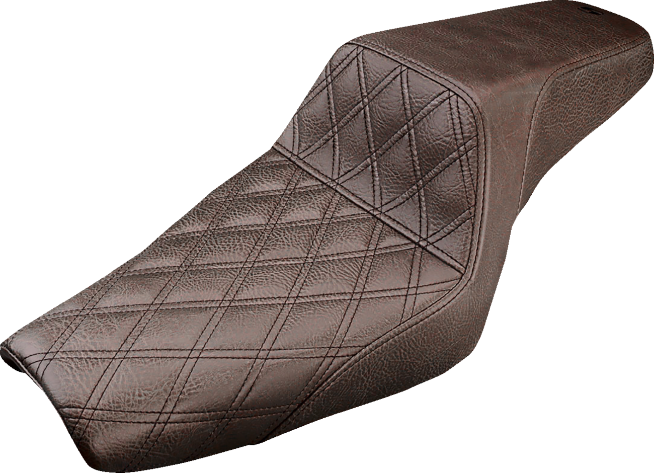 Brown SADDLEMEN Step-Up Seat with front lattice stitch for XL motorcycles, showcasing detailed stitching and comfortable design