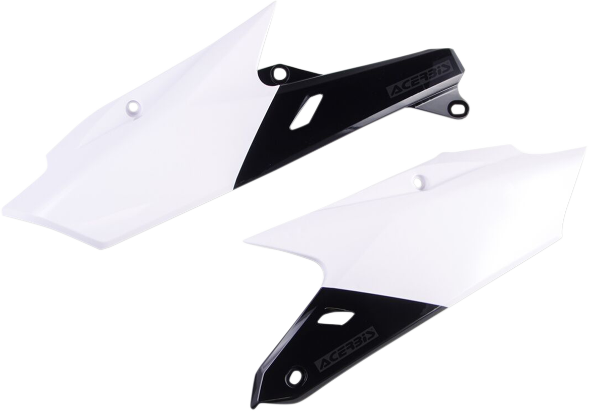 Acerbis white and black side panels for motorcycle body, featuring sleek design and brand logo, on a plain background.