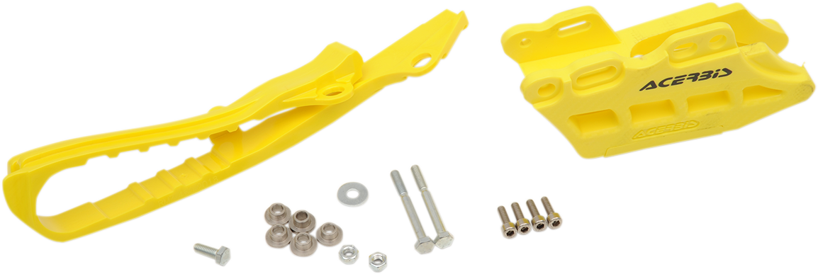 Yellow Acerbis chain guide and slider kit for Suzuki RMZ250/450 motorcycle, with mounting hardware and body components.