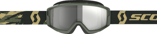 Scott Primal Sand Dust Goggles in camo khaki and dark gray, featuring adjustable straps and durable frame for outdoor riding.