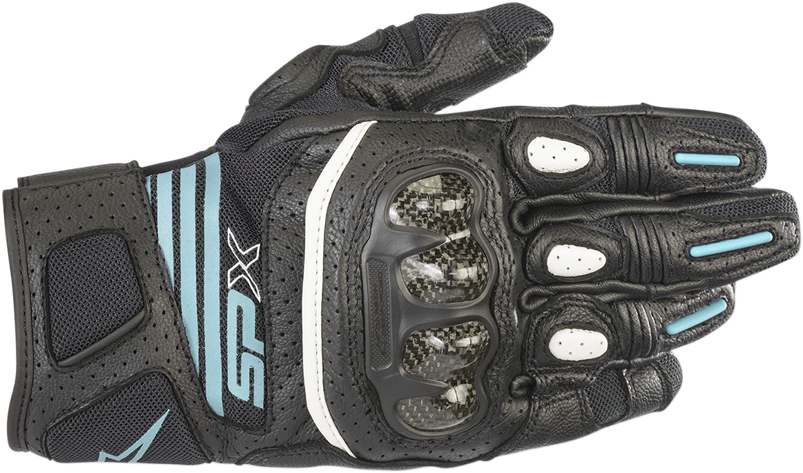 Alpinestars Women Stella SPX AC V2 motorcycle gloves in black and teal, size XL, featuring protective knuckles and breathable fabric.