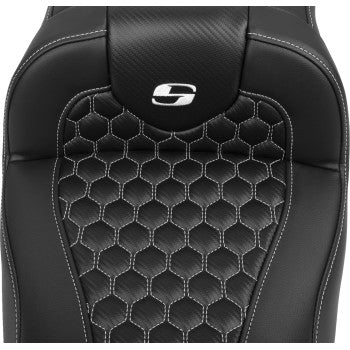 Bill's Exhausts SADDLEMEN Roadsofa™ extended reach motorcycle seat with backrest, honeycomb design, white stitching for FLTR/FLHX 2023-24
