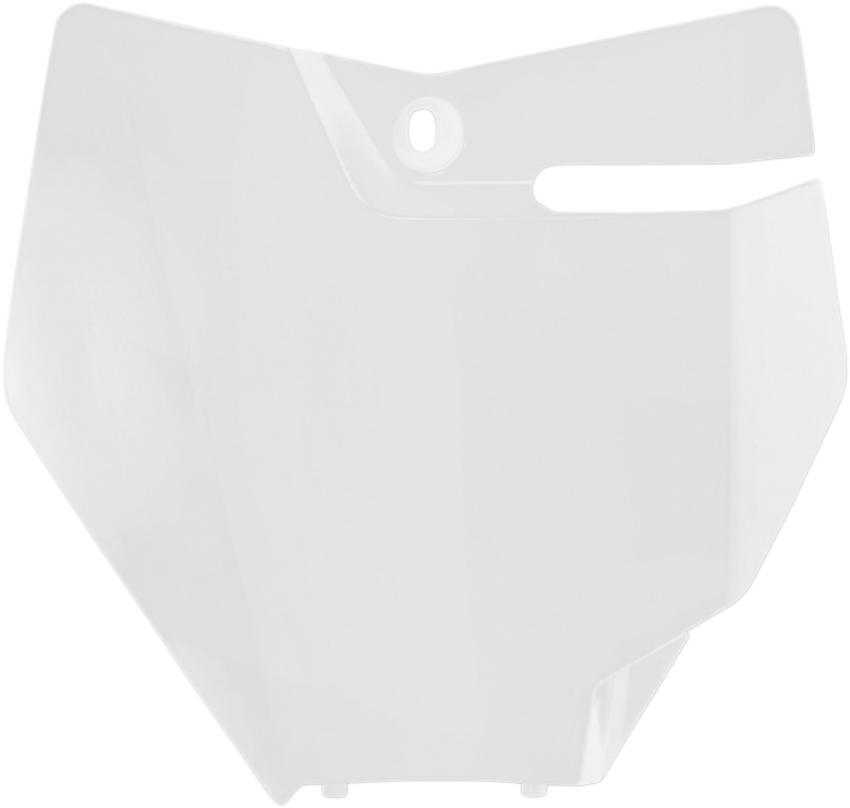 Acerbis white front number plate for motorcycles, mounted on a body panel, designed for durability and style in motorcycle racing.