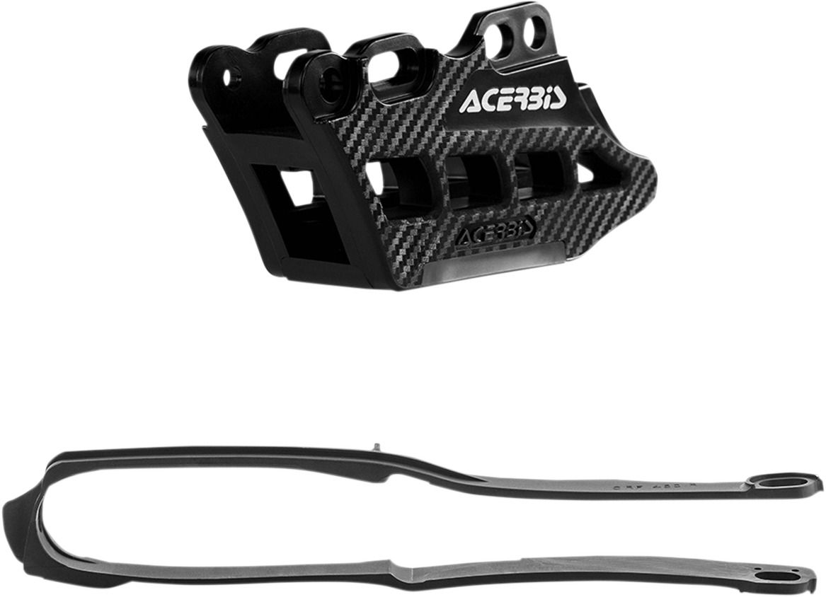 A black ACERBIS chain guide and slider kit for Honda CRF250R/CRF450R/RX motorcycle, shown installed on the bike frame.