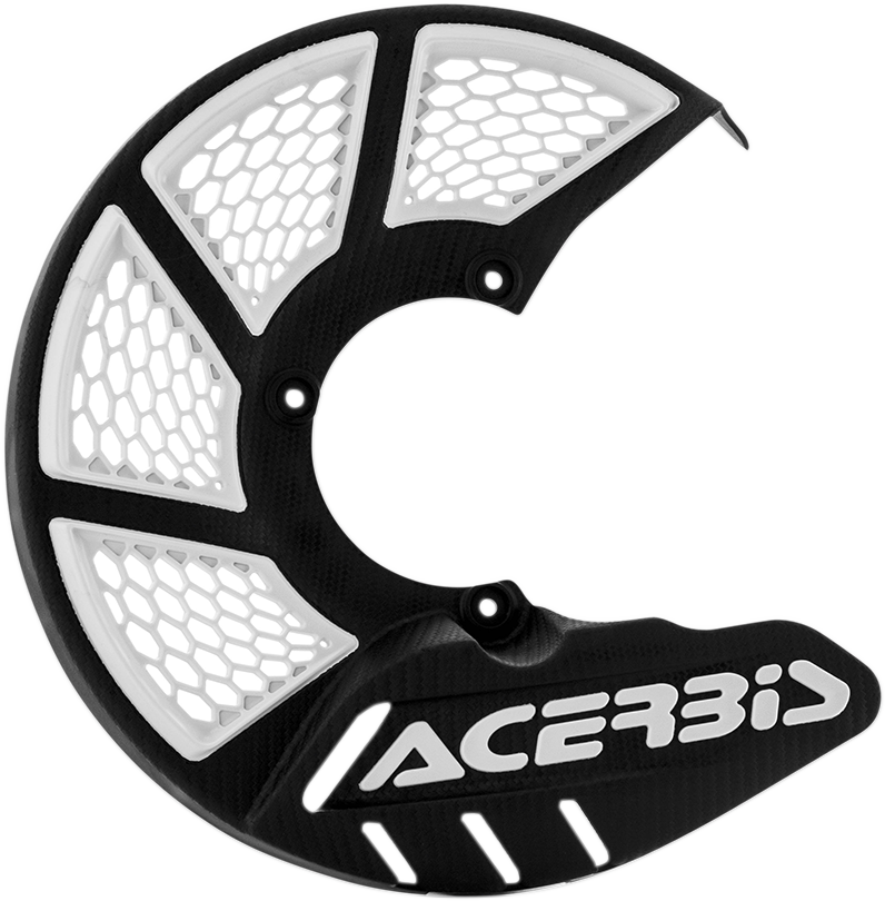 Acerbis Mini X-Brake Disc Cover in black and white, designed for motorcycle brake protection, with a body view showing branding details.