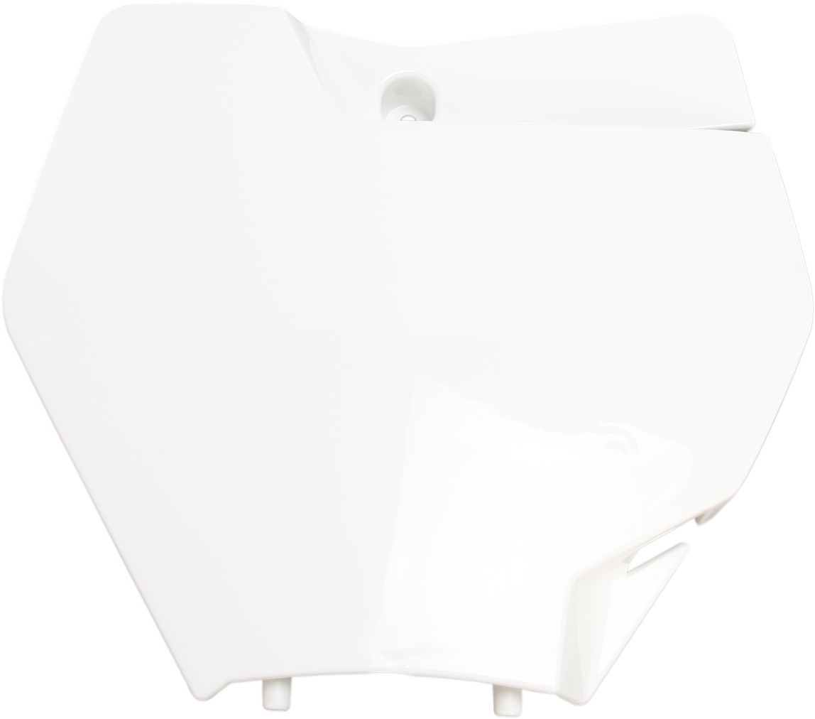 White ACERBIS front number plate for motorcycle, body part with brand details visible on the product image.