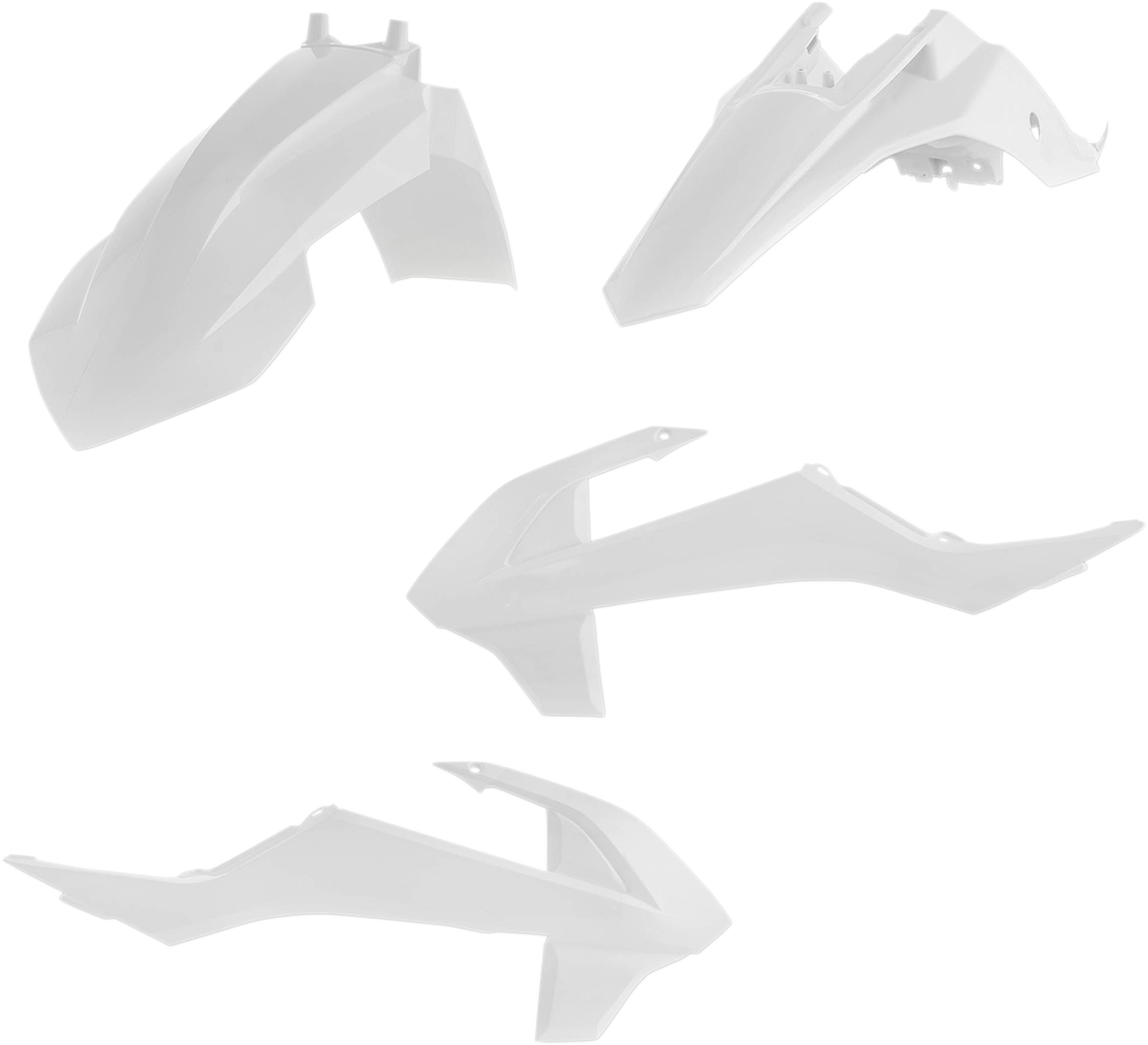 A white Acerbis standard replacement body kit for motorcycles, featuring various body panels and components for a streamlined look.