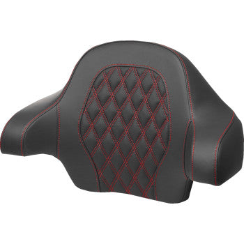 Bill's Exhausts SADDLEMEN Tour-Pak backrest pad with red lattice stitch, designed for FL models 2014-2024, showing detailed stitching.