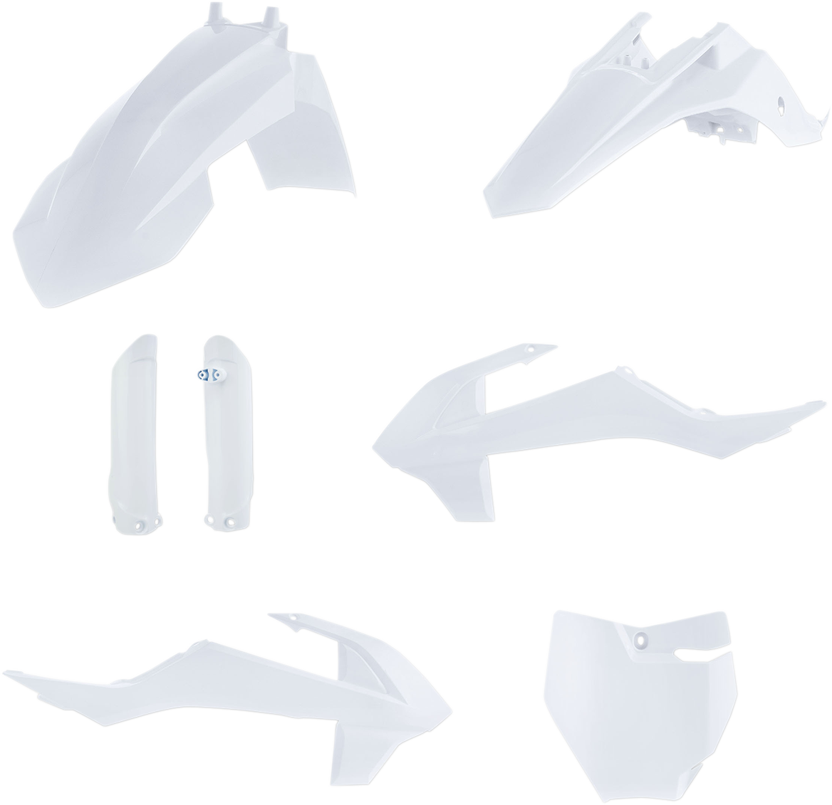 A white Acerbis full replacement body kit for motorcycles, shown on a clean background, designed for seamless fit and style.