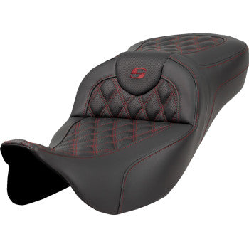 SADDLEMEN Extended Reach Roadsofa™ seat in burgundy lattice stitch, without backrest, for FL models 2008-2023, by Bill's Exhausts