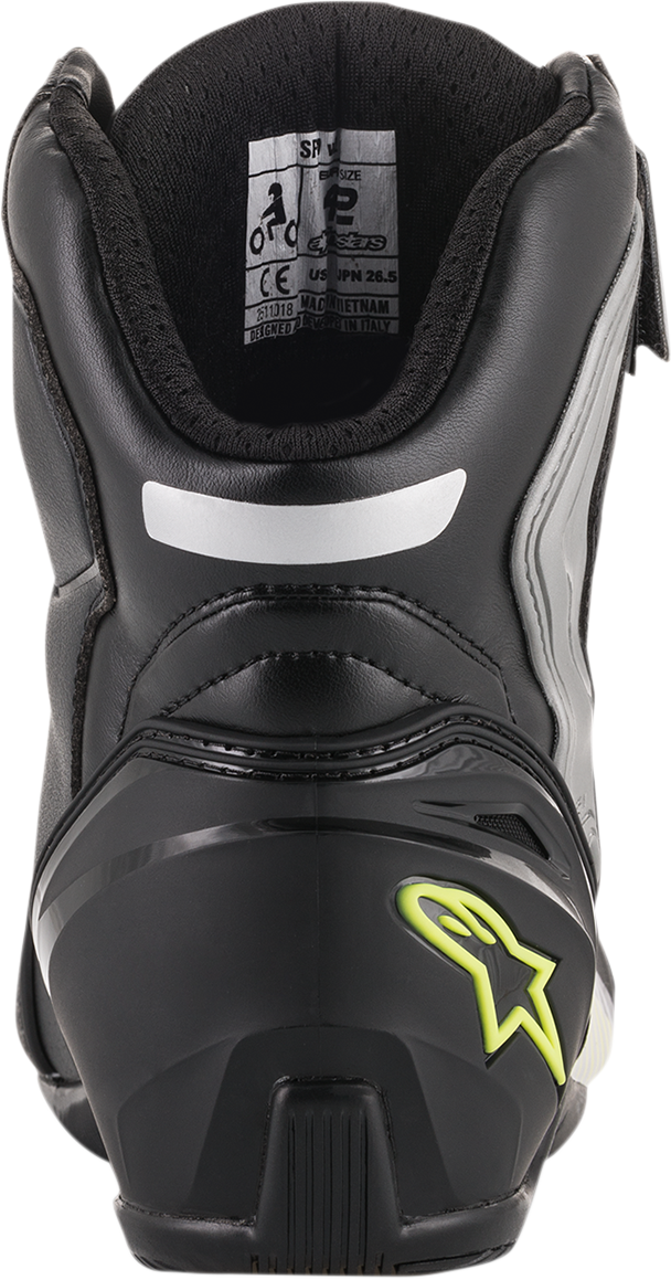 Alpinestars SP-1 v2 riding shoes in black, silver, and yellow with protective design, US 6.5 / EU 40, on a plain background.