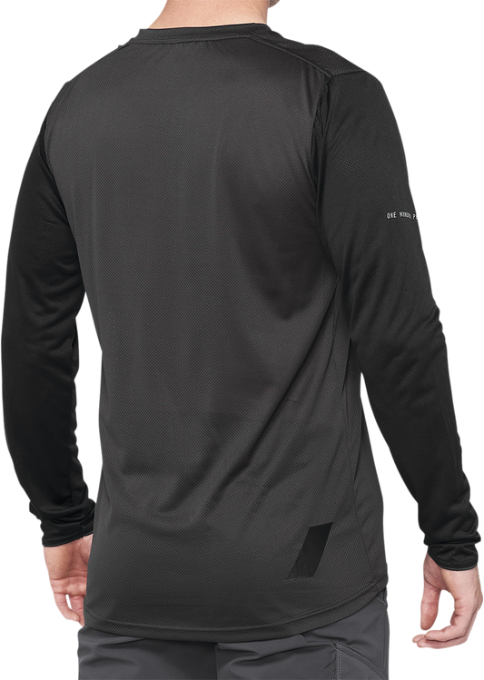 Long-sleeve Ridecamp Jersey by Bill's Exhausts in black and charcoal, size medium, featuring a fitted cycling jersey design.