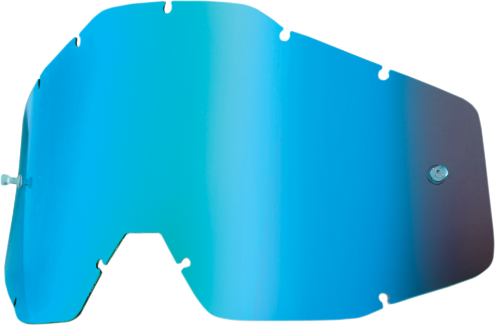 Blue mirror motorcycle lens for Accuri, Strata, Racecraft helmets by Bill's Exhausts, showing the reflective blue-tinted surface.