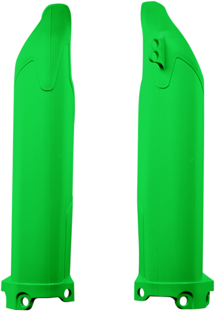 Acerbis green lower fork covers for motorcycle front suspension, shown on a body panel with brand details.