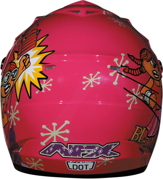 Bill's Exhausts AFX FX-17Y Rocket Girl helmet in large size, featuring vibrant graphic design and aerodynamic shape.