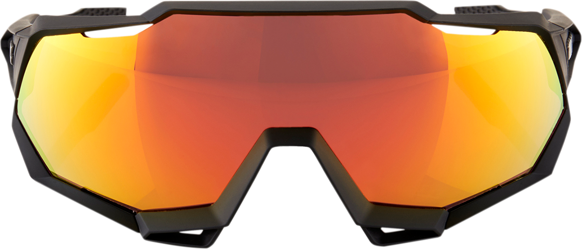 Bill's Exhausts 100% Speedtrap Sunglasses in black with red accents, showcasing sleek, wraparound sport design and tinted lenses.