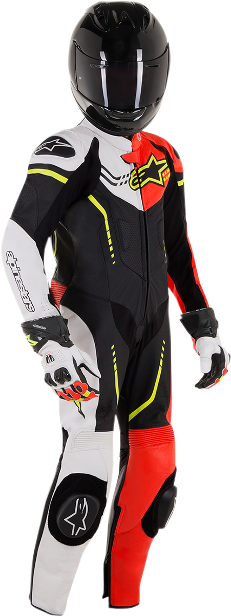 Alpinestars Youth GP Plus 1-Piece Leather Suit in black, white, red fluorescent, and yellow fluorescent, for US size 26/EU 140.