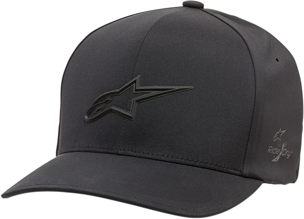 Black ALPINESTARS Ageless Delta Hat in Small/Medium, a stylish protective gear accessory with brand logo detail.