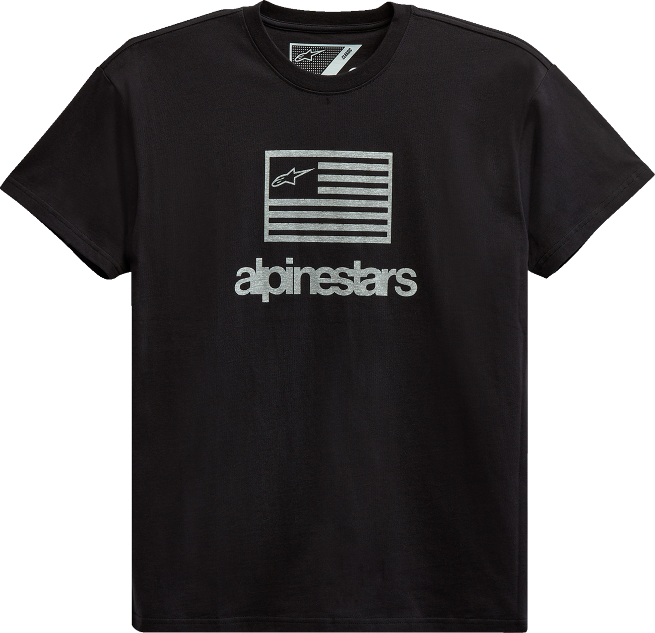 Black Alpinestars flag T-shirt in medium size, featuring a bold graphic design, perfect for casual wear and motorcycle enthusiasts.