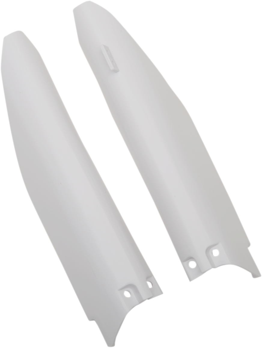 Acerbis white lower fork covers for motorcycle suspension, designed to protect and enhance the appearance of front forks.