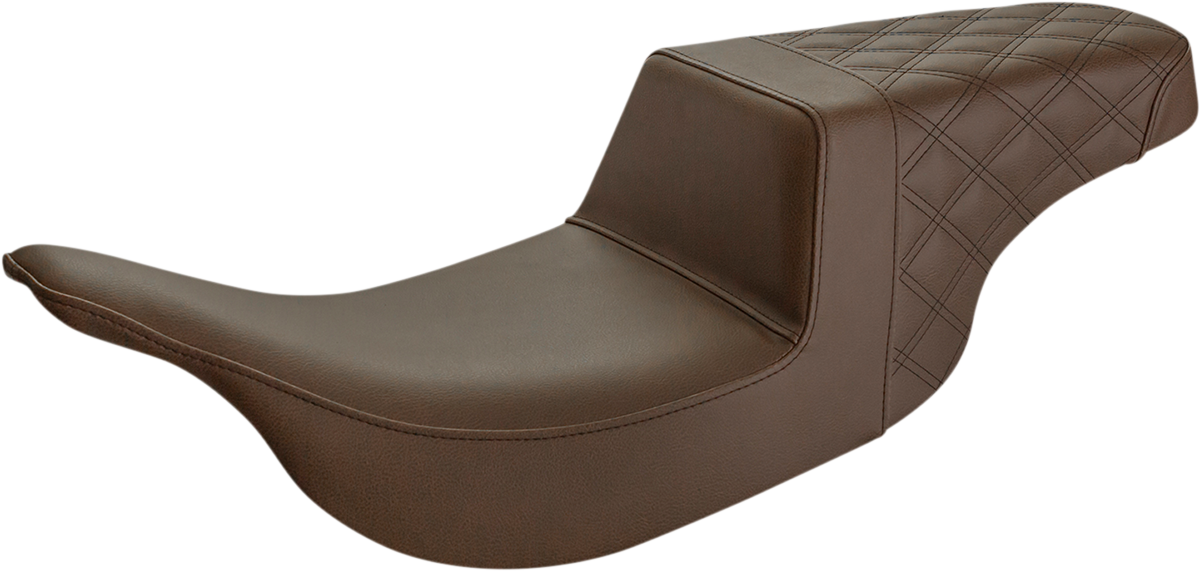 Brown SADDLEMEN Step-Up Seat with rear lattice stitch for motorcycles, featuring durable design and comfortable riding support.