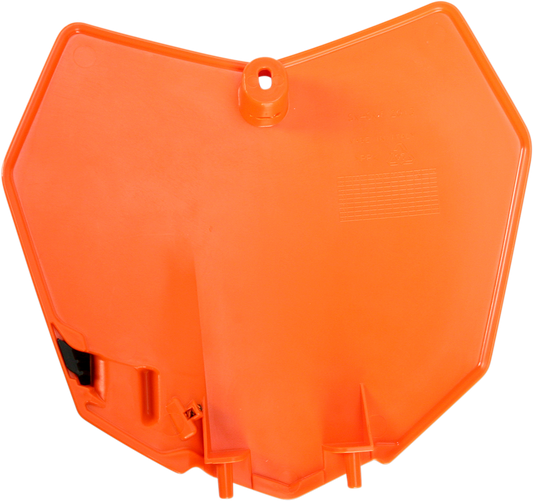 Orange Acerbis front number plate for motorcycle, body part with mounting holes, designed for durability and style.