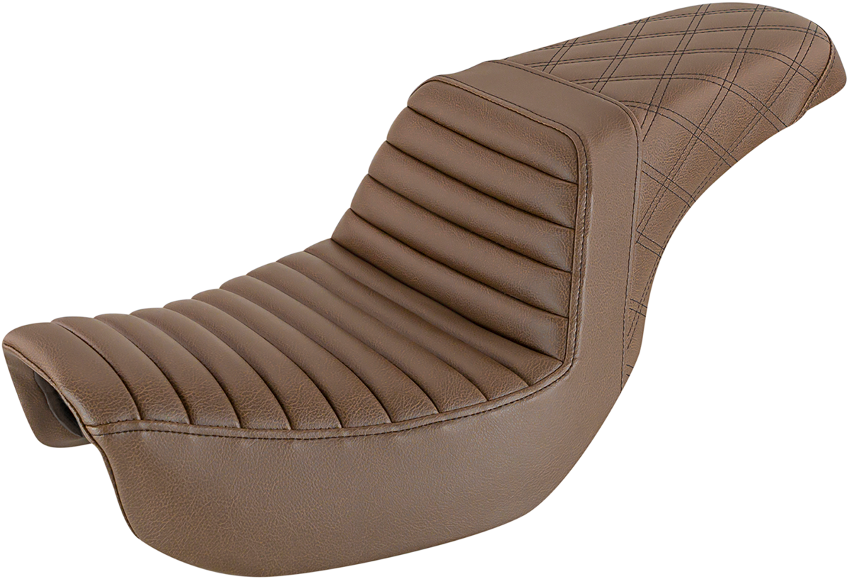 Bill's Exhausts SADDLEMEN Step-Up Seat with tuck-n-roll front and lattice stitch rear in brown for motorcycle comfort and style.