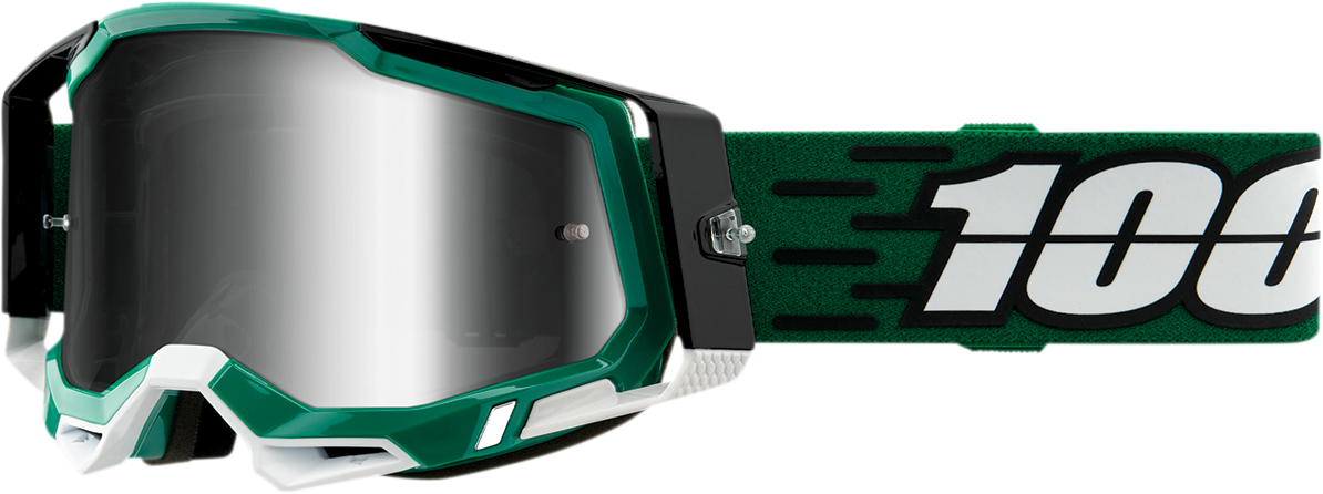Bill's Exhausts 100% Racecraft 2 goggles with silver mirror lenses, designed for racing and motocross, featuring a sleek black frame.